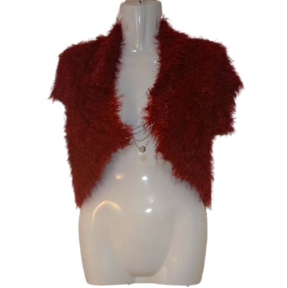 Deep red furry cover-up cardigan vest - Picture 1 of 5